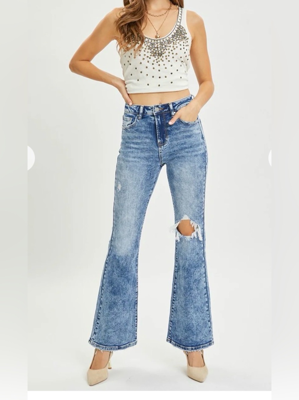 New Risen Los Angeles Jeans Womens Jrs 15/32 Acid Wash Distressed Flare Bootcut